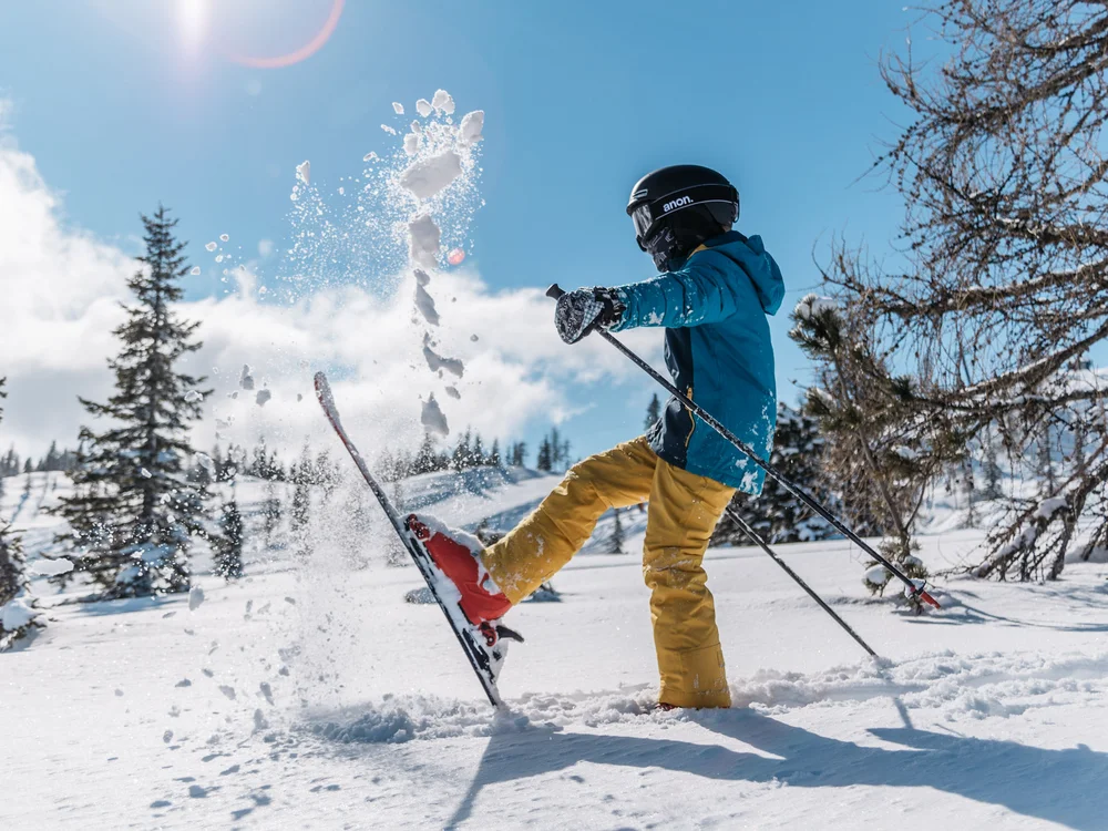 Winterurlaub beim Forstauerwirt Skifahrer wirbelt im Sonnenschein Schnee auf einer Piste zwischen Bäumen auf